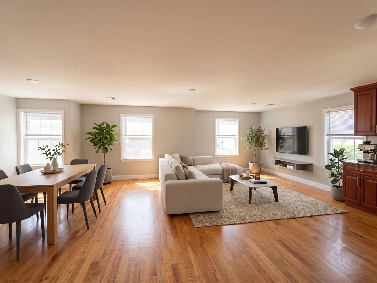 Open living and dining area at DB House with sectional couch and long dinner table