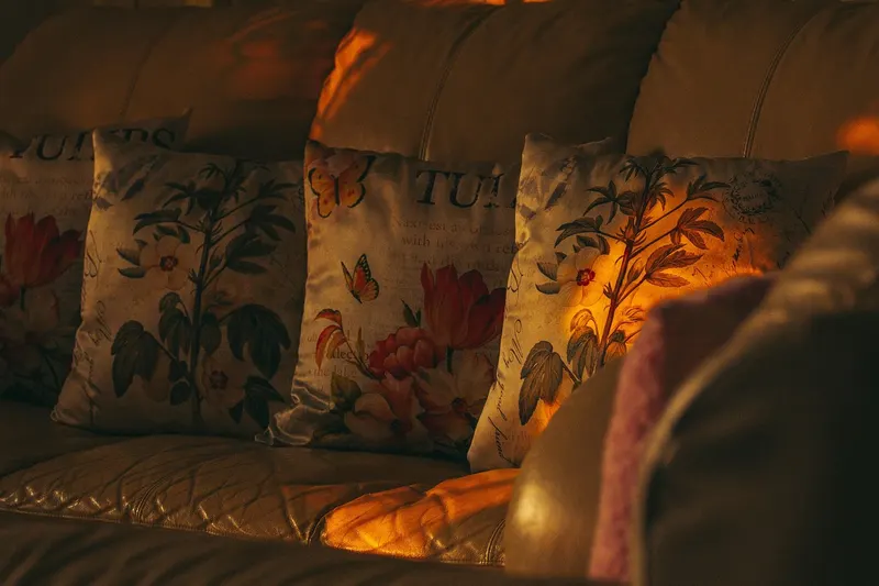 Living room sofa with pillows in soft light